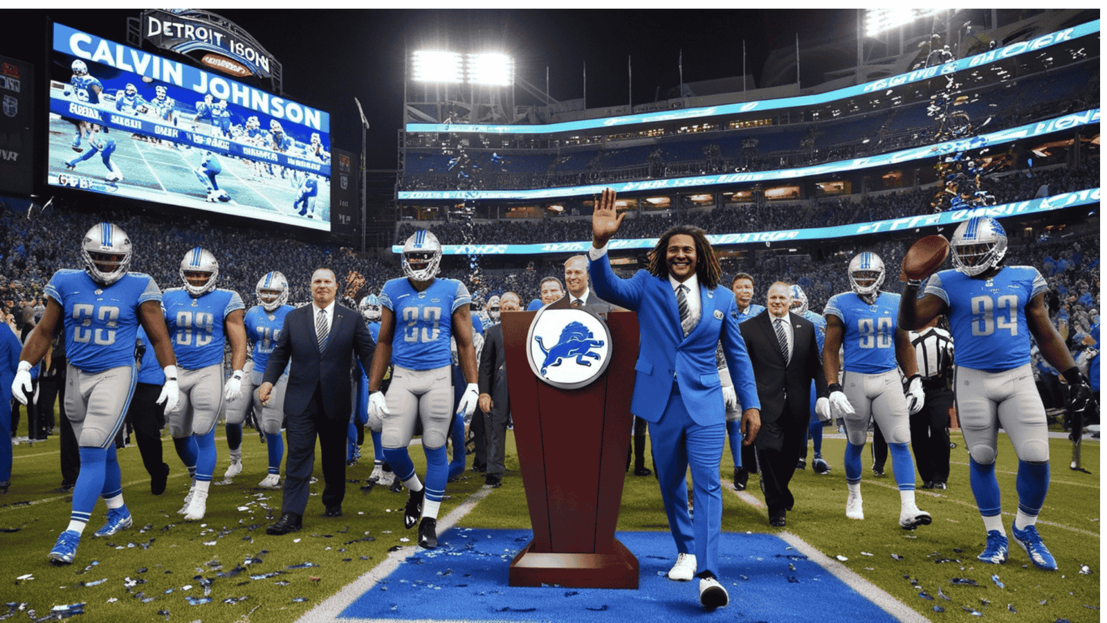 An image of Detroit Lions Honor Calvin Johnson with Ring of Honor Induction During Monday Night Football Halftime